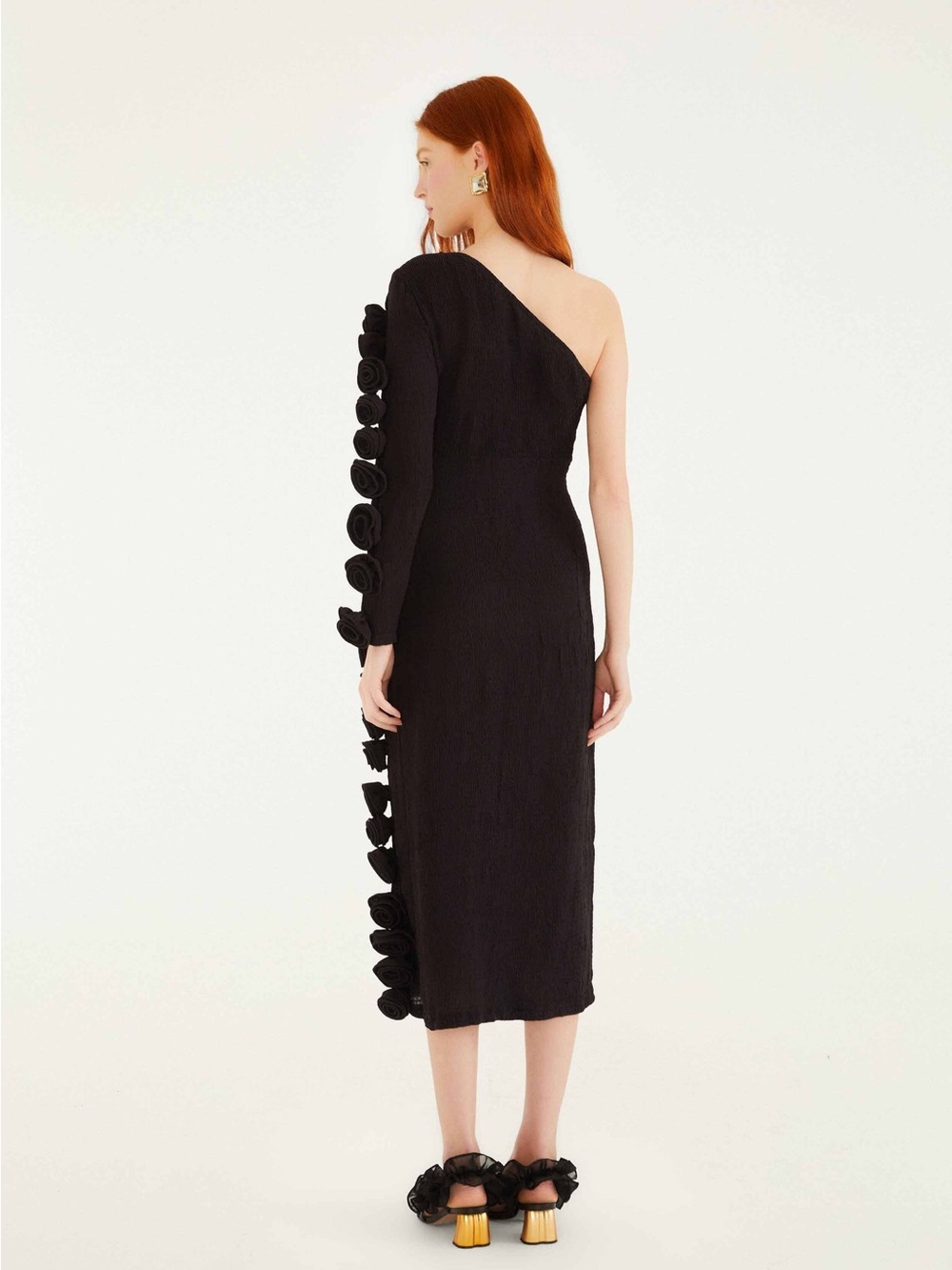 Farm Rio Black 3d Rose One-Shoulder Midi Dress S - Picture 2 of 6